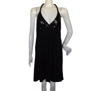 new MON AMIE Evening Dress, L, Black Jersey, Sequined Bust, Open back, Twisted